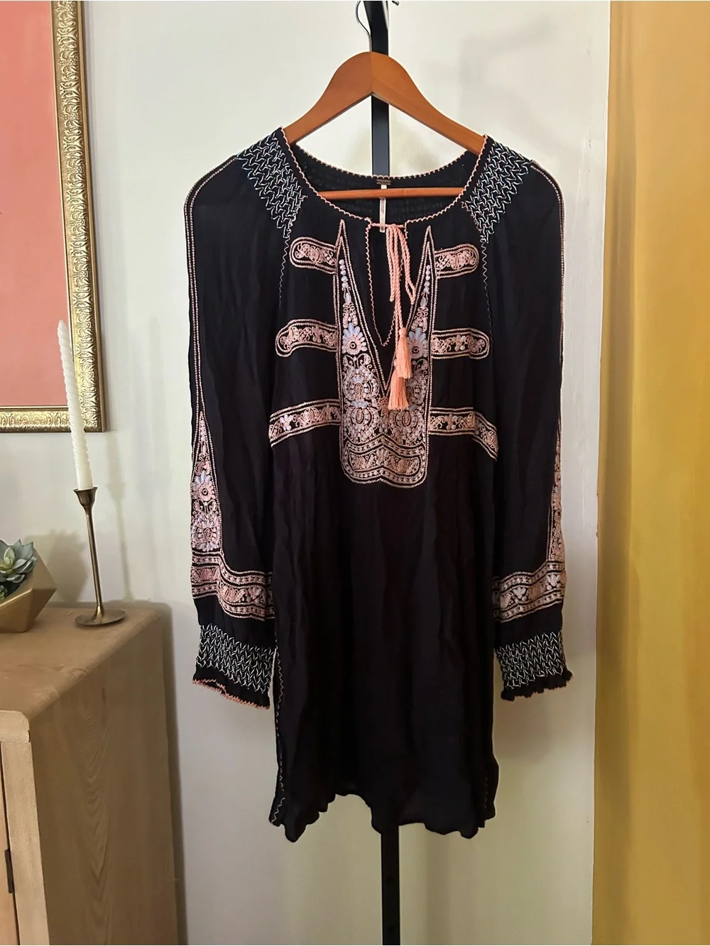 Free People‎ Wind Willow Embroidered Peasant Boho Tunic Mini Dress Black Size XS